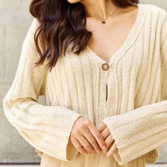 POL Hear Me Out Cropped Ribbed One Button Bell Sleeve Cardigan Small Cream Boho - Picture 4 of 10